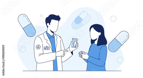 Pharmacist Advising Patient on Medication, Pills Floating Around