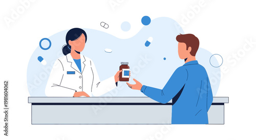 Pharmacist handing medicine bottle to customer at counter, healthcare concept