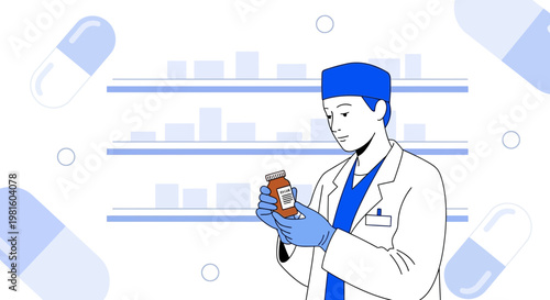 Pharmacist in white coat and blue cap holding medicine bottle in pharmacy with pills background