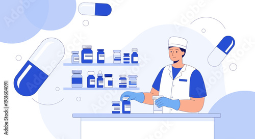 Pharmacist in blue gloves arranging medicine bottles on shelves, surrounded by pills
