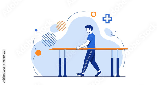 Physical therapy patient walking with parallel bars for rehabilitation and recovery