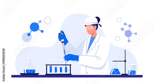 Scientist conducting experiment in laboratory with test tubes and beakers, blue liquid