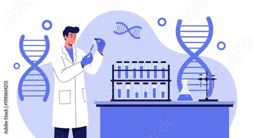 Scientist Conducting DNA Research in Laboratory with Test Tubes and DNA Strands
