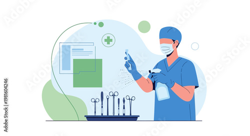 Surgeon sterilizing medical instruments with spray, healthcare concept illustration