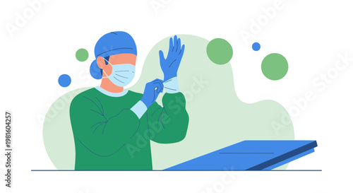 Surgeon wearing gloves and mask, preparing for surgery, medical procedure concept