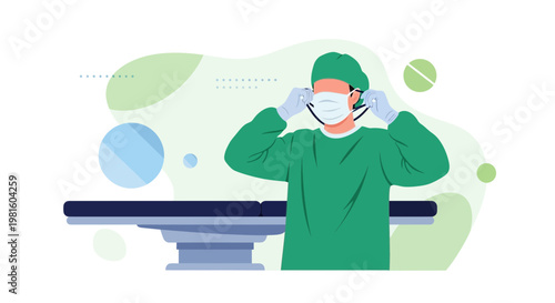Surgeon wearing mask and gloves in operating room with surgical table