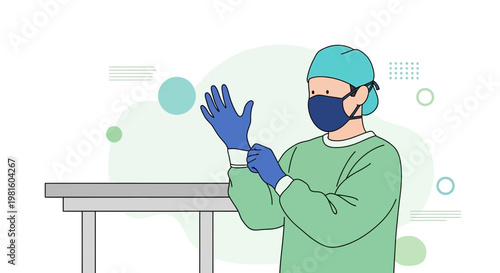 Surgeon wearing surgical gloves and mask, preparing for operation in sterile environment