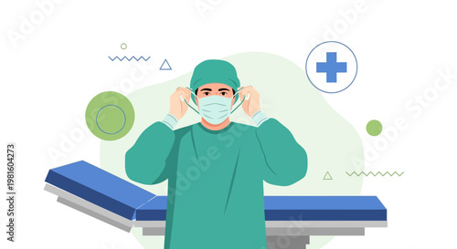 Surgeon Wearing Surgical Mask and Gown in Operating Room with Medical Equipment