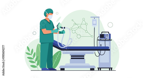 Surgeon with Anesthesia Machine and Operating Table in Modern Hospital Room