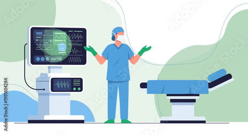 Surgeon with Medical Equipment and Operating Table in Modern Operating Room