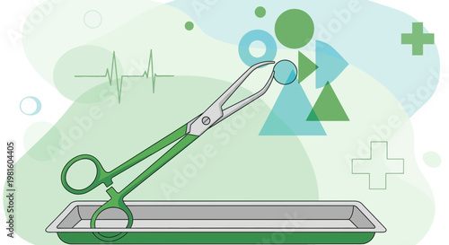 Surgical forceps holding a pill over a medical tray, abstract background with medical symbols