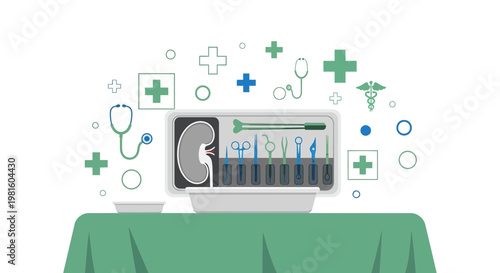 Surgical Instruments and Kidney Illustration on Tray, Medical Concept