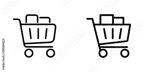Shopping cart icons with product boxes illustrating e-commerce retail and online store checkout process for consumer purchasing or grocery delivery app