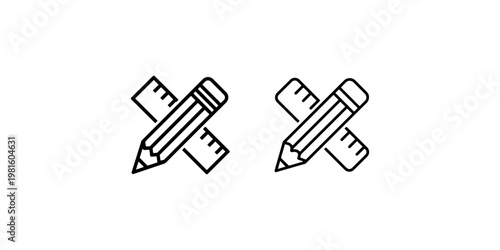 Pencil and ruler crossed icon set symbolizing architectural design and creative engineering for school education or professional technical drawing tools