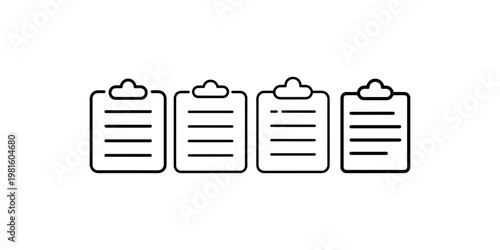 Set of four black outline vector icons of clipboards with lines representing text documents, isolated on white background
