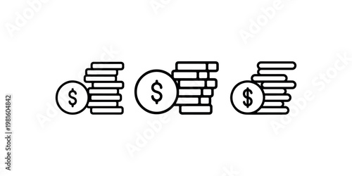 Cash coins and stacks of money currency icons in outline style representing banking transactions wealth management and financial growth for business design