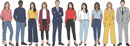 Diverse multiethnic character set with professional and casual fashion outfits