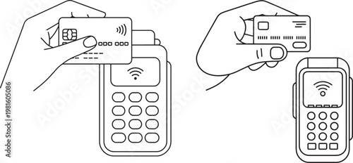 Contactless payment with credit card and terminal line art mobile payment contactless terminal transaction wireless technology purchase