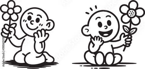 Cute babies holding flowers simple line drawings line art illustration innocence childhood greeting adorable parenthood innocent