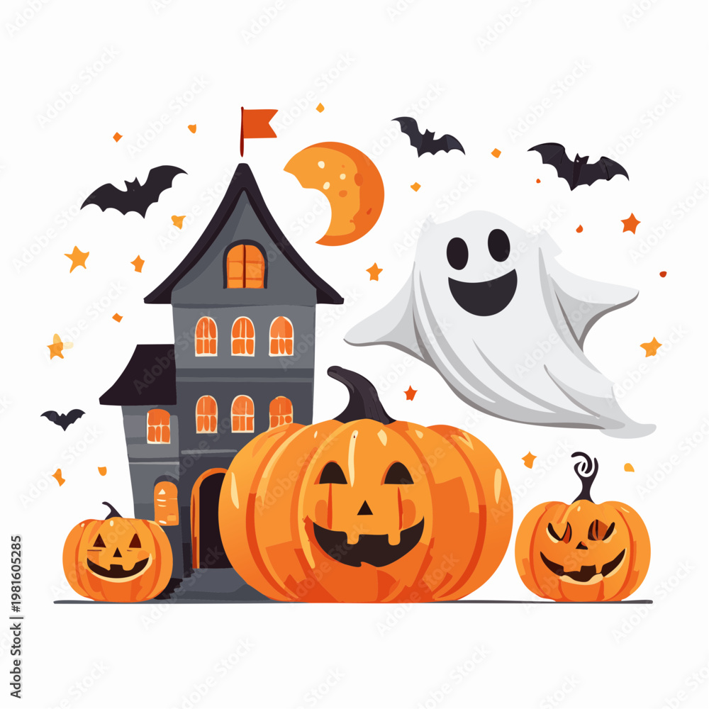 Fototapeta premium Halloween scene with haunted house and pumpkins.