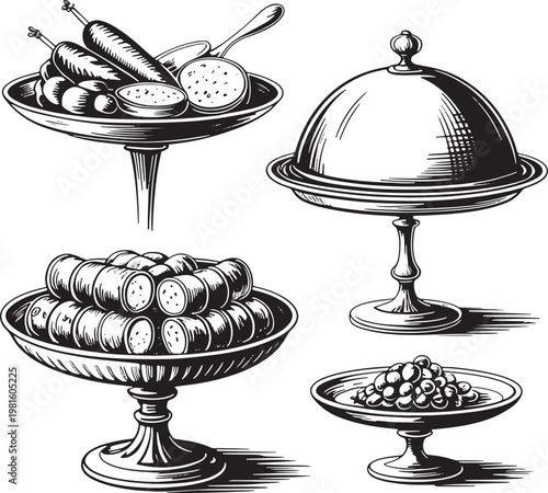 Stylized collection of vintage food serving dishes with sausages pastries berries serving dish food platter food presentation black and white