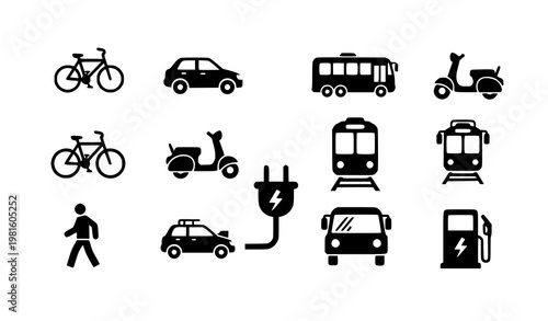 Transportation and EV charging silhouette icon set bicycle car bus train scooter vector mobility energy symbols collection