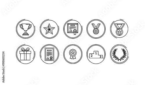 Awards icons in circle frames trophy star medal certificate gift vector set recognition achievement symbols