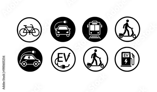 Transportation icons in circle frames EV charging car bus train bicycle vector silhouette set mobility energy concept