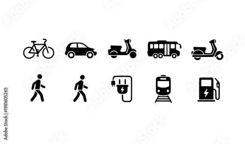 Minimal transportation silhouette icon set EV charging bicycle car bus train vector eco mobility design collection