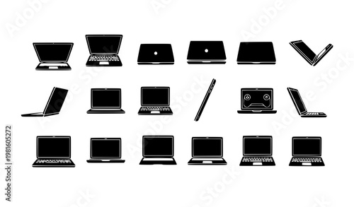 Laptop silhouette icon set computer device vector bundle modern technology black outline design collection