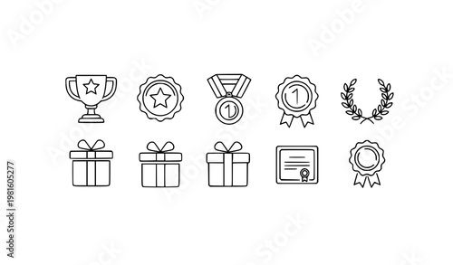 Minimal awards line icon set trophy star medal certificate vector recognition achievement outline design