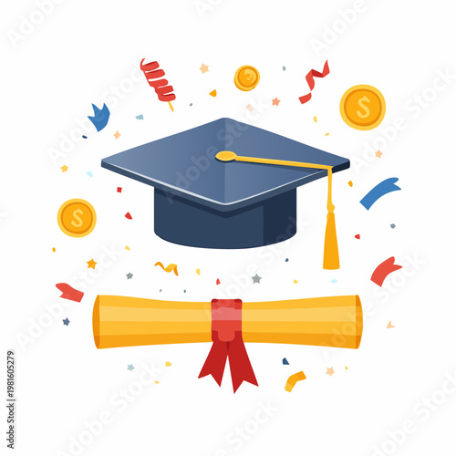 Graduation cap and diploma celebration.