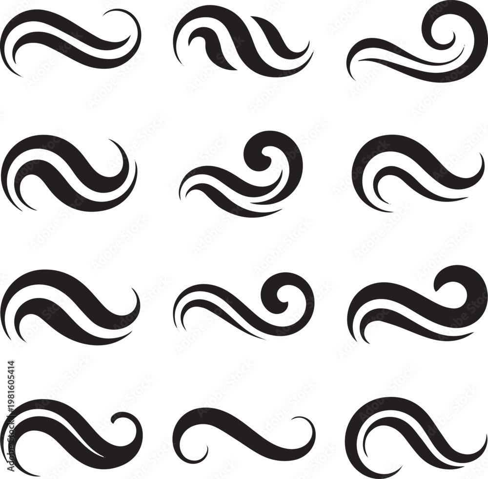 Fototapeta premium Kinds of Collection of black stylized swirl and wave vector elements featuring various organic, fluid, and decorative shapes with smooth flowing lines