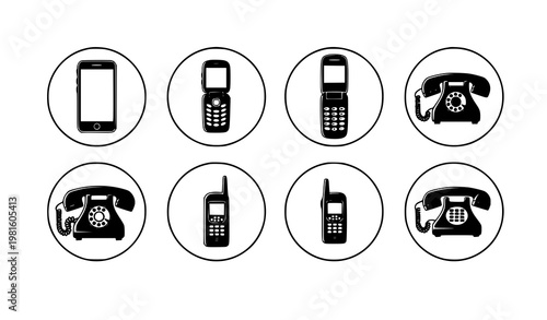 Phone icons in circle frames mobile and landline telephone silhouette vector set communication devices collection