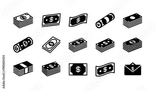 Money bill silhouette icon set cash stack currency notes vector financial business black finance collection