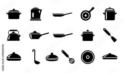 Kitchen utensil silhouette icon set pots pans lids cooking tools vector black cooking equipment collection