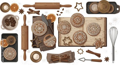 Gingerbread Cookie-Making Tools and Ingredients Set with Spices, Rolling Pins, and Cookies for Baking, Christmas, and Holiday Themed Designs, Vector Illustration