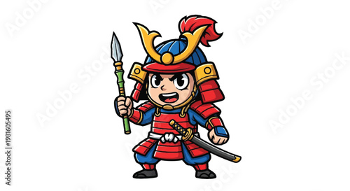Cartoon samurai warrior holding spear and sword illustration