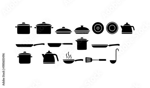 Minimal kitchen utensil silhouette set pots pans lids cooking cookware vector modern cooking tools design