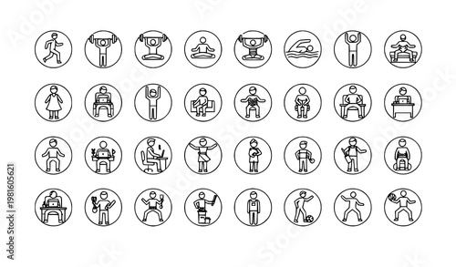 People activity icons in circle frames 36 lifestyle sports and daily life line art vector set modern illustration