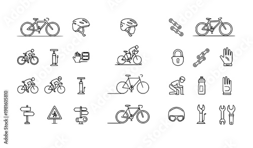 Minimal line cycling icon set 25 bicycle parts and accessories vector modern outline sport UI design collection