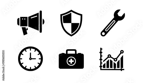Business silhouette icon set megaphone shield wrench clock first aid graph vector black symbols minimal design