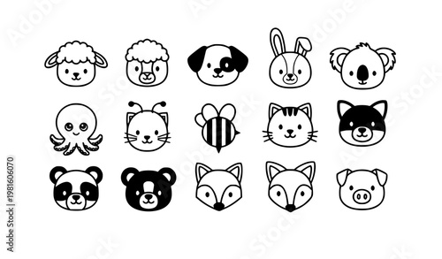 Cute baby animal faces monochrome icon set flat cartoon outline collection for kids sheep dog bunny koala bee vector