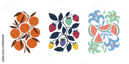 Summer fruit and floral illustration set with oranges berries and watermelon