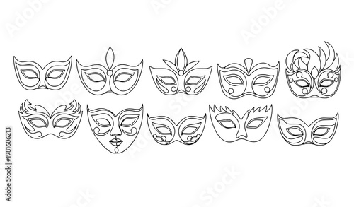 Minimal line Venetian masquerade mask vector set elegant carnival face covers outline black and white modern design
