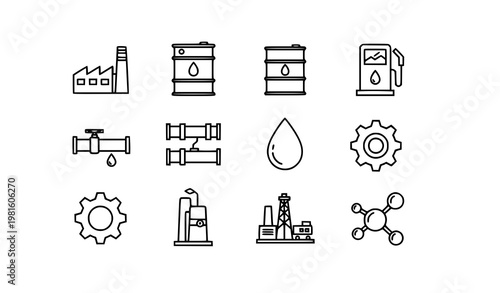 Oil and gas industry line icon set factory barrel pump pipeline drilling rig molecule outline vector minimal energy symbols