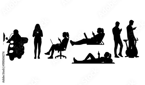 People using smartphone silhouette set daily life poses black vector icons modern minimal communication technology concept