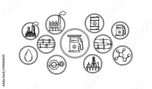 Oil and gas icons in circle frames energy industry symbols factory pump pipeline drilling rig outline vector collection
