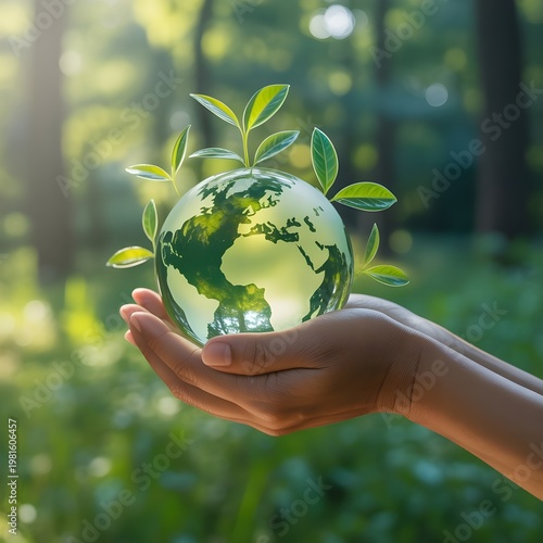 A person holding a glowing green globe with leaves growing out of it in a forest.