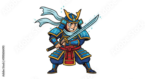 Cartoon samurai warrior with sword isolated on white